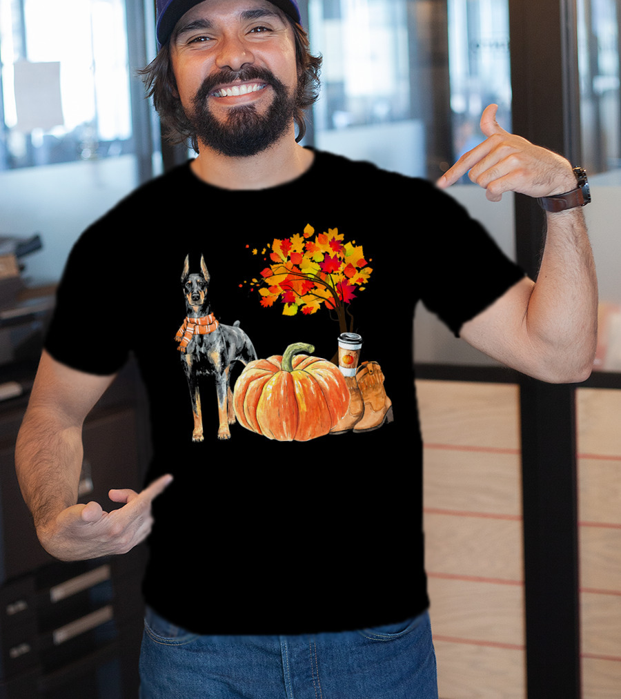 Doberman Pinscher Scarf Pumpkin Spice Autumn Boots Cozy Fall Leaves T-Shirt