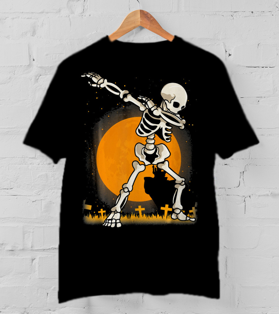 Halloween Skeleton Dabbing In Graveyard With Full Moon T-Shirt