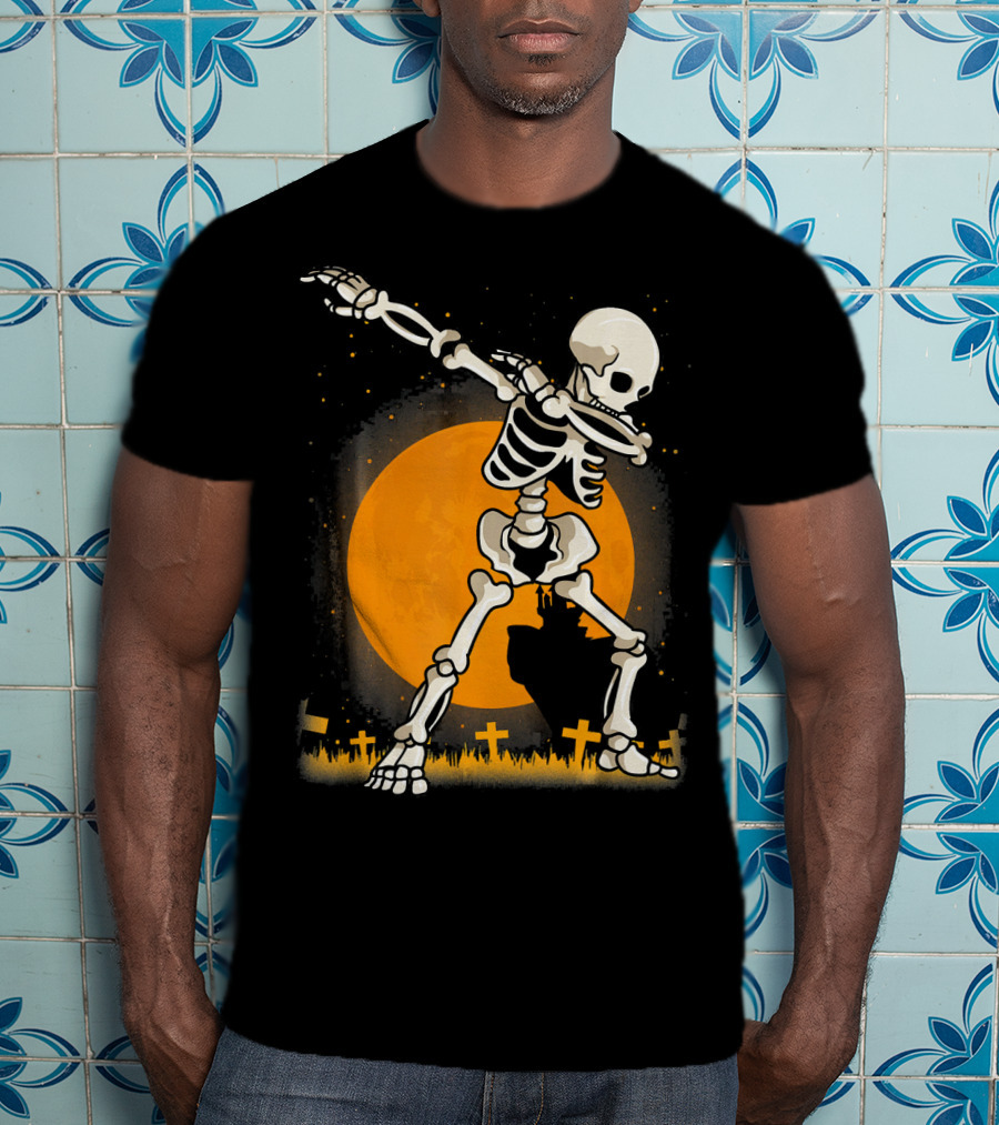 Halloween Skeleton Dabbing In Graveyard With Full Moon T-Shirt