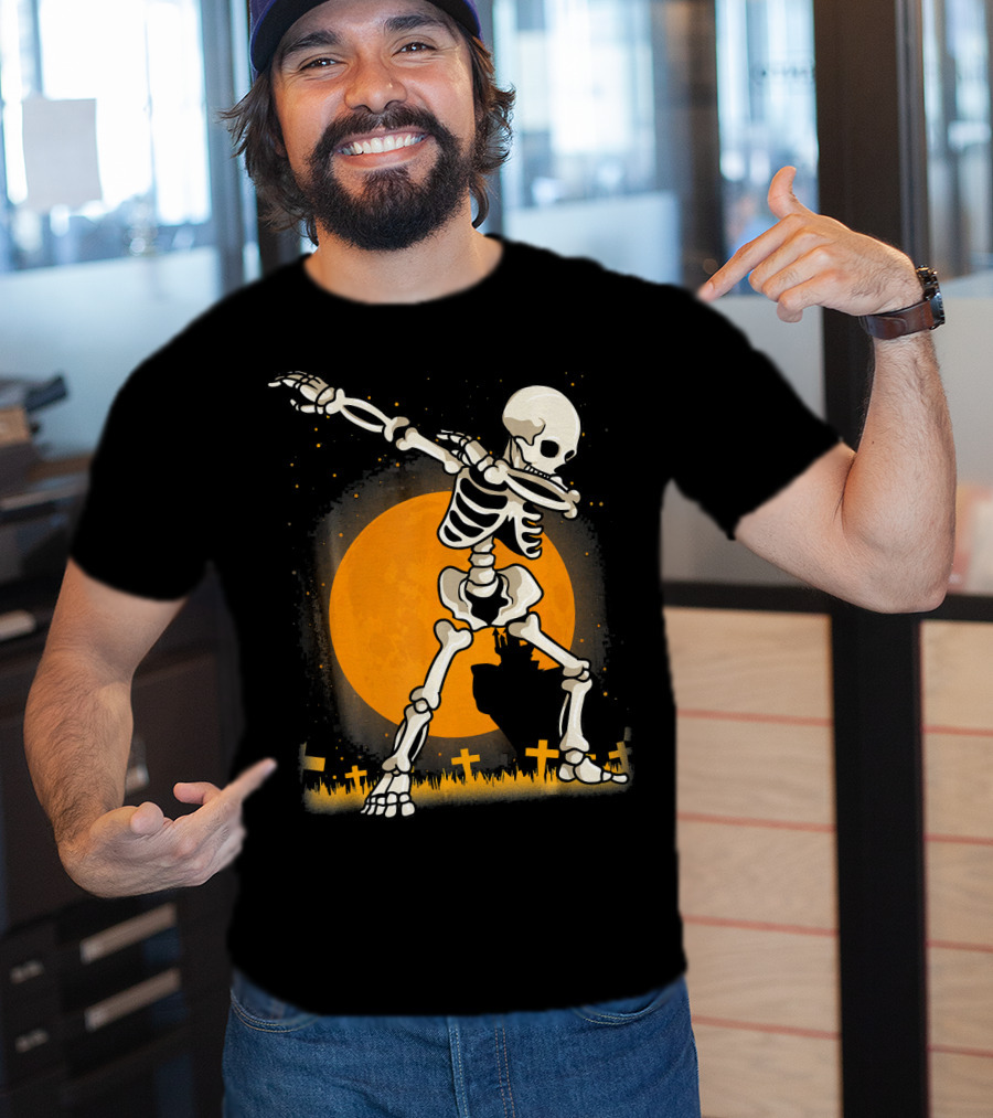 Halloween Skeleton Dabbing In Graveyard With Full Moon T-Shirt