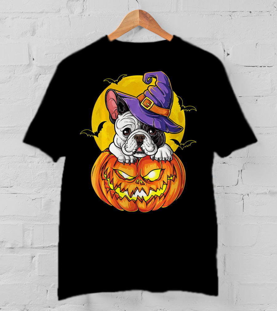 Halloween French Bulldog Witch In Pumpkin With Full Moon And Bats T-Shirt