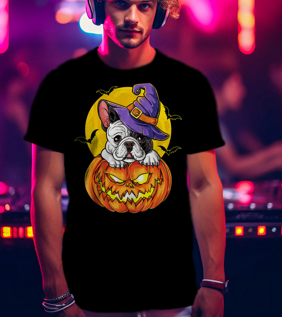 Halloween French Bulldog Witch In Pumpkin With Full Moon And Bats T-Shirt