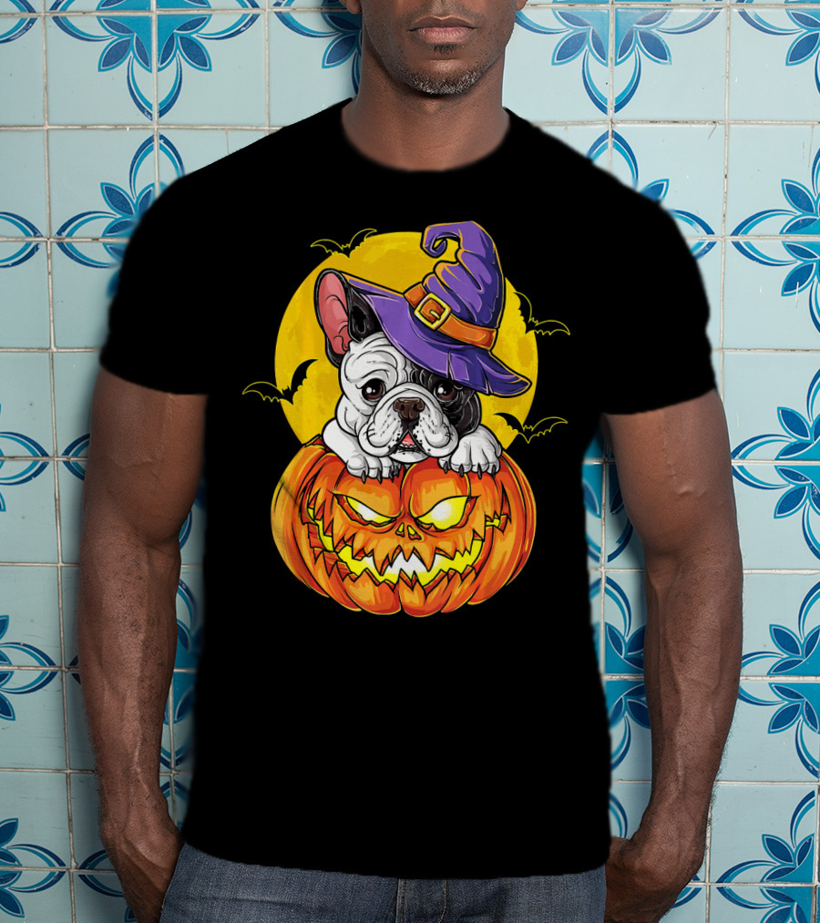 Halloween French Bulldog Witch In Pumpkin With Full Moon And Bats T-Shirt