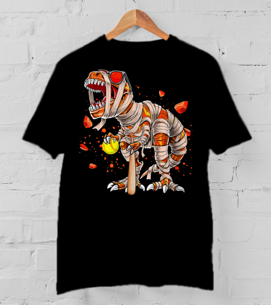 Mummy Dinosaur Playing Softball With Bat And Ball T-Shirt