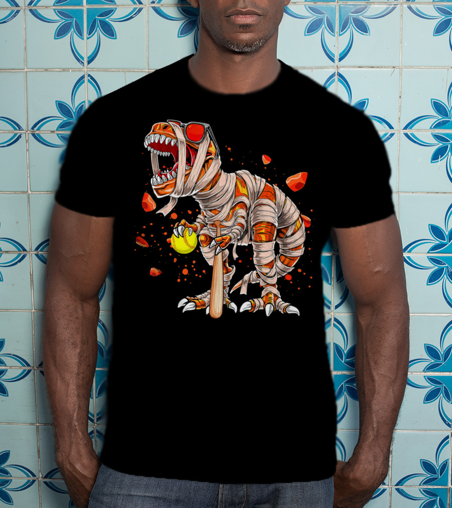 Mummy Dinosaur Playing Softball With Bat And Ball T-Shirt