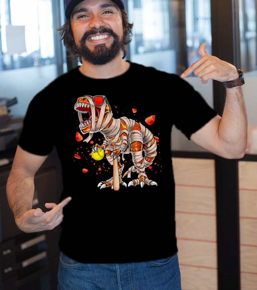 Mummy Dinosaur Playing Softball With Bat And Ball T-Shirt