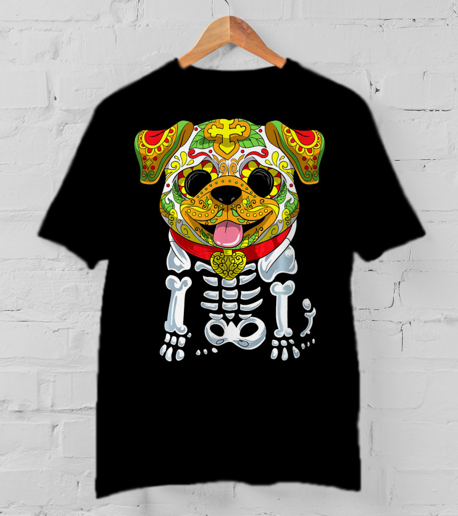 Dia De Los Muertos And Halloween Sugar Skull Dog Skeleton T-Shirt