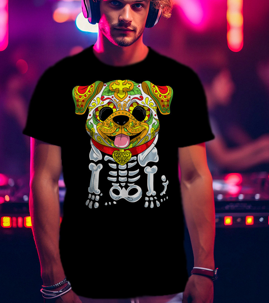 Dia De Los Muertos And Halloween Sugar Skull Dog Skeleton T-Shirt