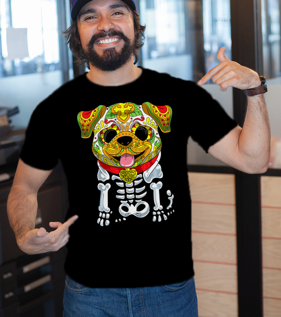 Dia De Los Muertos And Halloween Sugar Skull Dog Skeleton T-Shirt