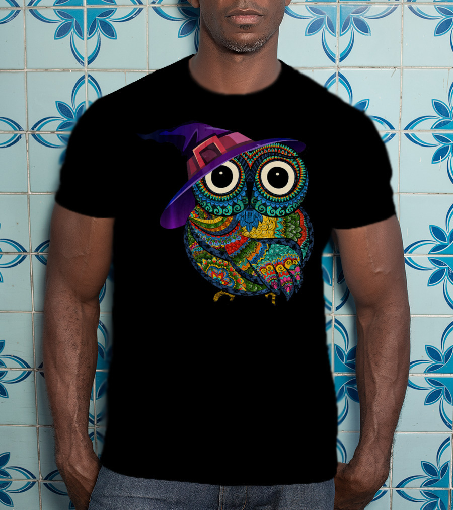 Colorful Owl With Witch Hat In Halloween Costume Fun T-Shirt
