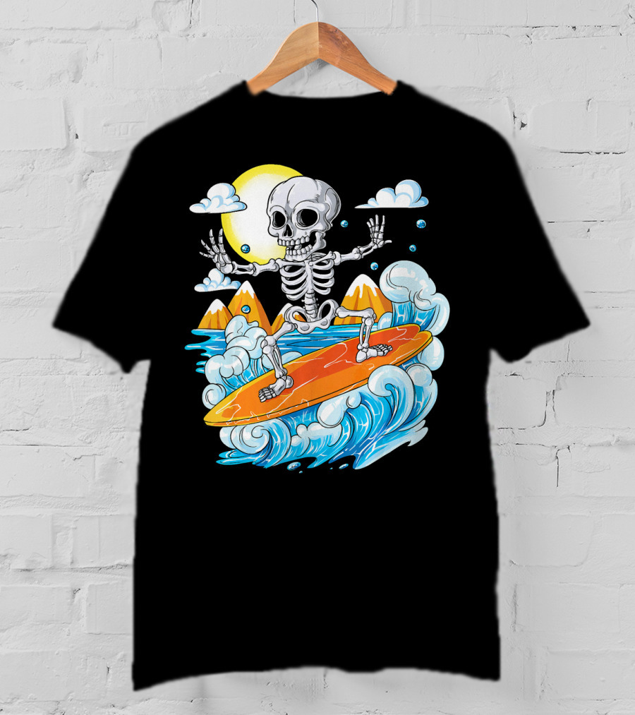 Skeleton Surfing Halloween On Hawaiian Waves With Sun And Clouds T-Shirt