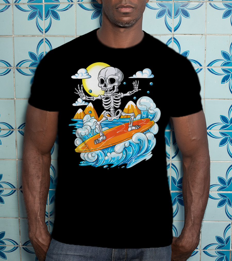 Skeleton Surfing Halloween On Hawaiian Waves With Sun And Clouds T-Shirt