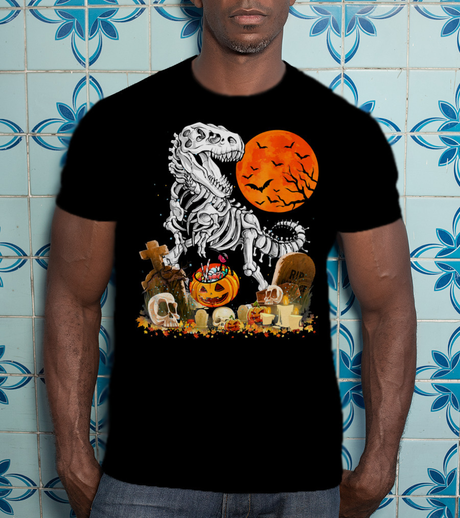 Halloween Dinosaur Rex Skeleton With Pumpkin And Full Moon T-Shirt