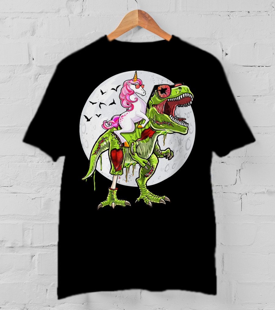 Funny Halloween Unicorn Riding Zombie Dinosaur With Bats And Full Moon T-Shirt