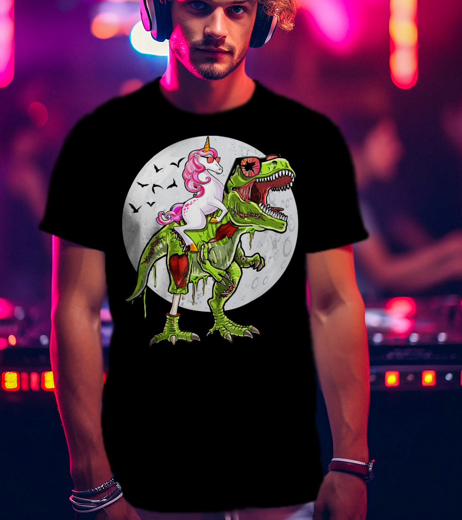 Funny Halloween Unicorn Riding Zombie Dinosaur With Bats And Full Moon T-Shirt
