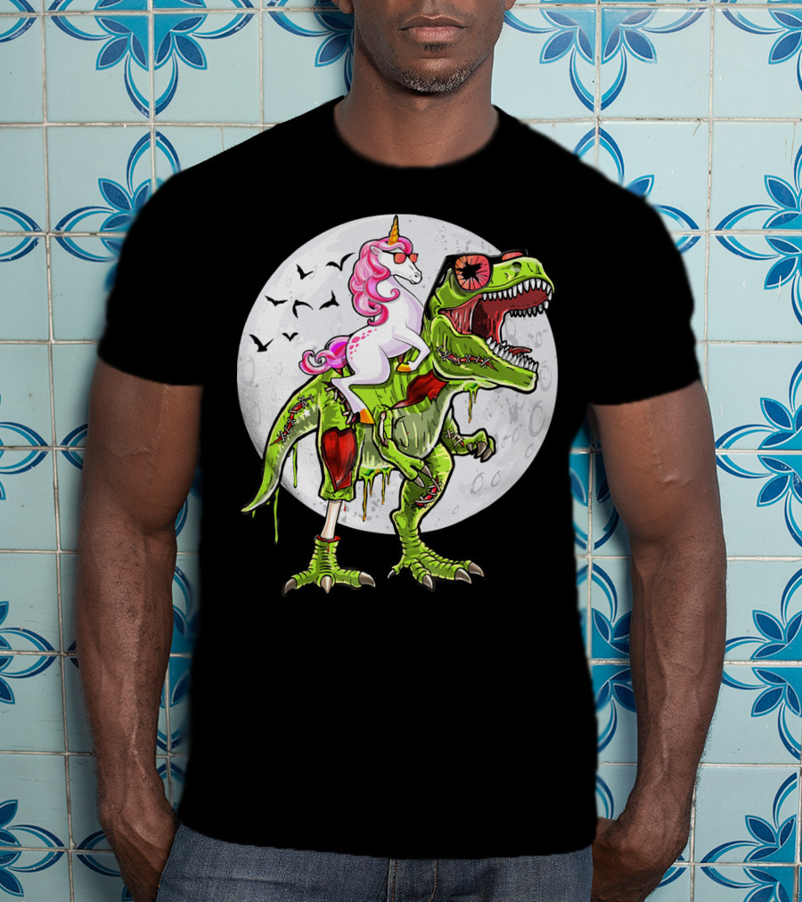 Funny Halloween Unicorn Riding Zombie Dinosaur With Bats And Full Moon T-Shirt