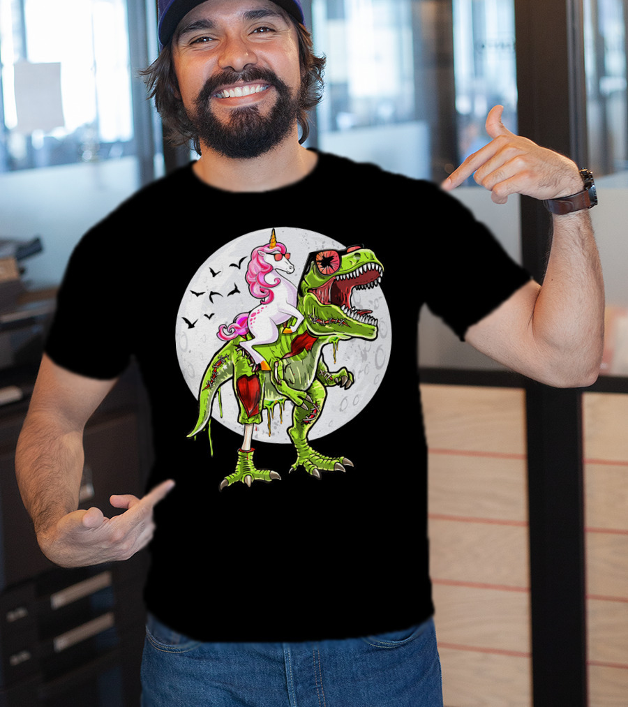 Funny Halloween Unicorn Riding Zombie Dinosaur With Bats And Full Moon T-Shirt