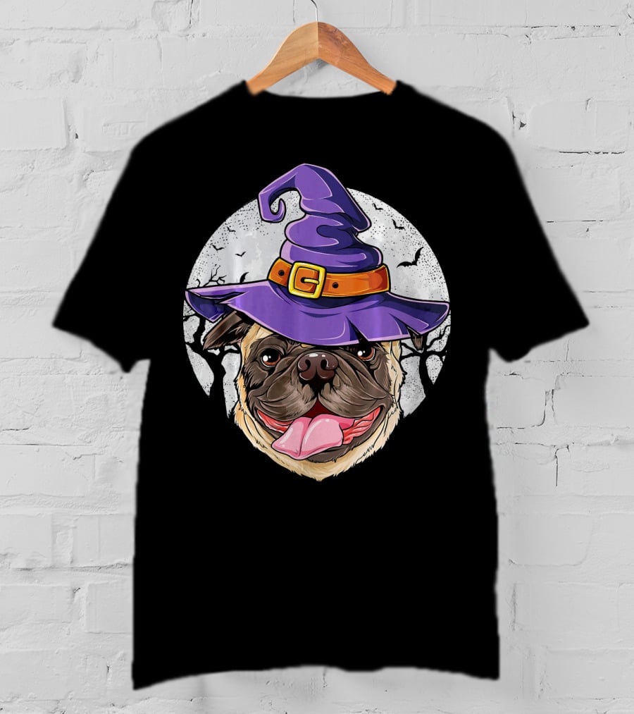 Pug Witch Hat Halloween Moon Bats Forest T-Shirt
