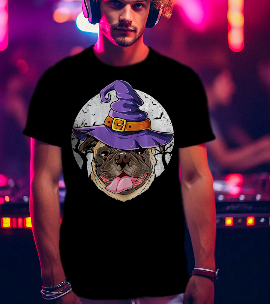 Pug Witch Hat Halloween Moon Bats Forest T-Shirt