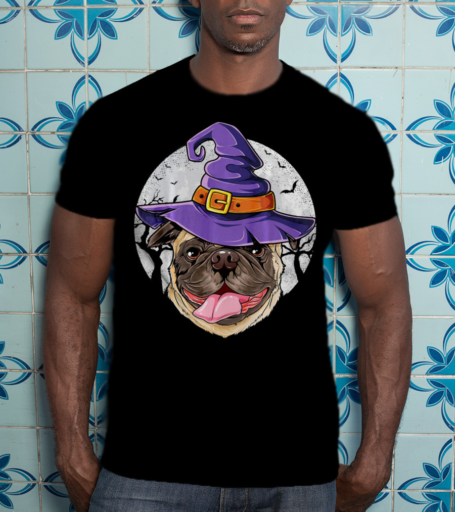 Pug Witch Hat Halloween Moon Bats Forest T-Shirt