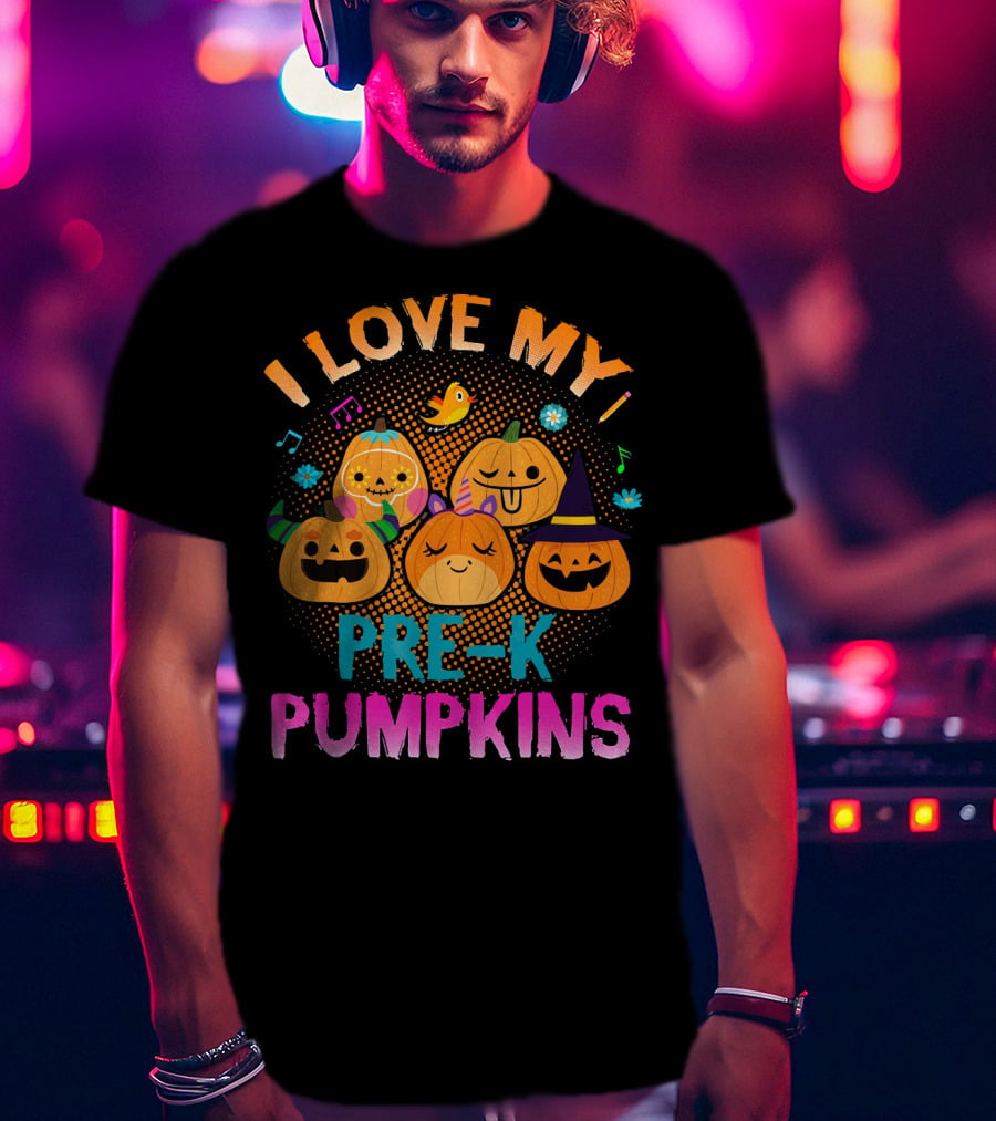 I Love My Pre K Pumpkins Halloween Jack-O-Lanterns With Music And Flowers T-Shirt