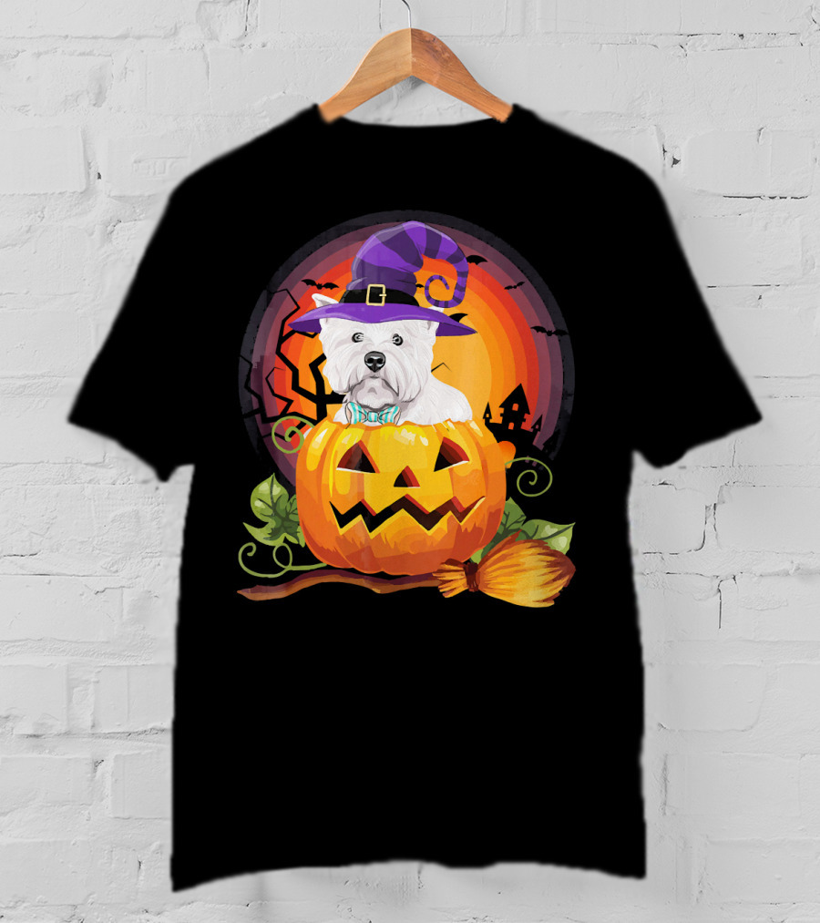 Westie Dog In Witch Hat With Jack-O'-Lantern For Halloween T-Shirt