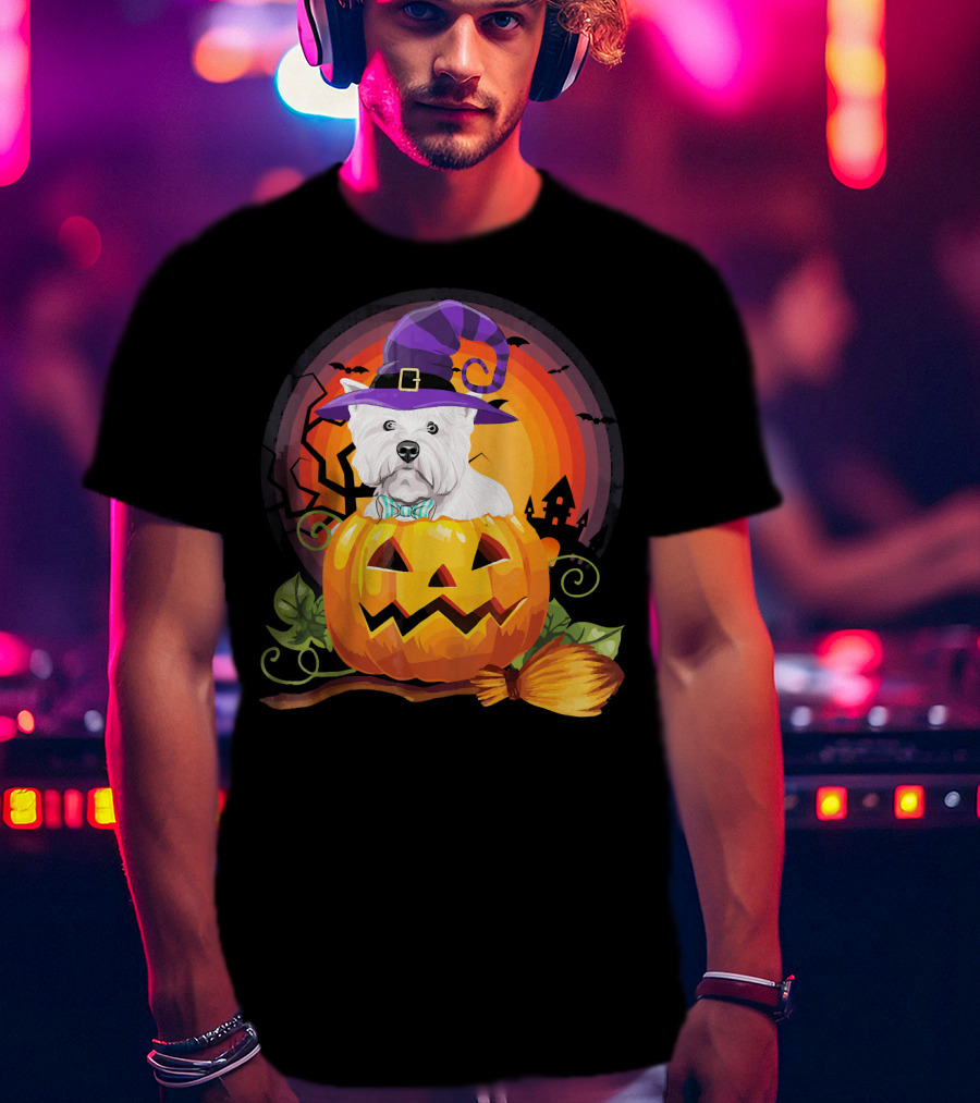 Westie Dog In Witch Hat With Jack-O'-Lantern For Halloween T-Shirt