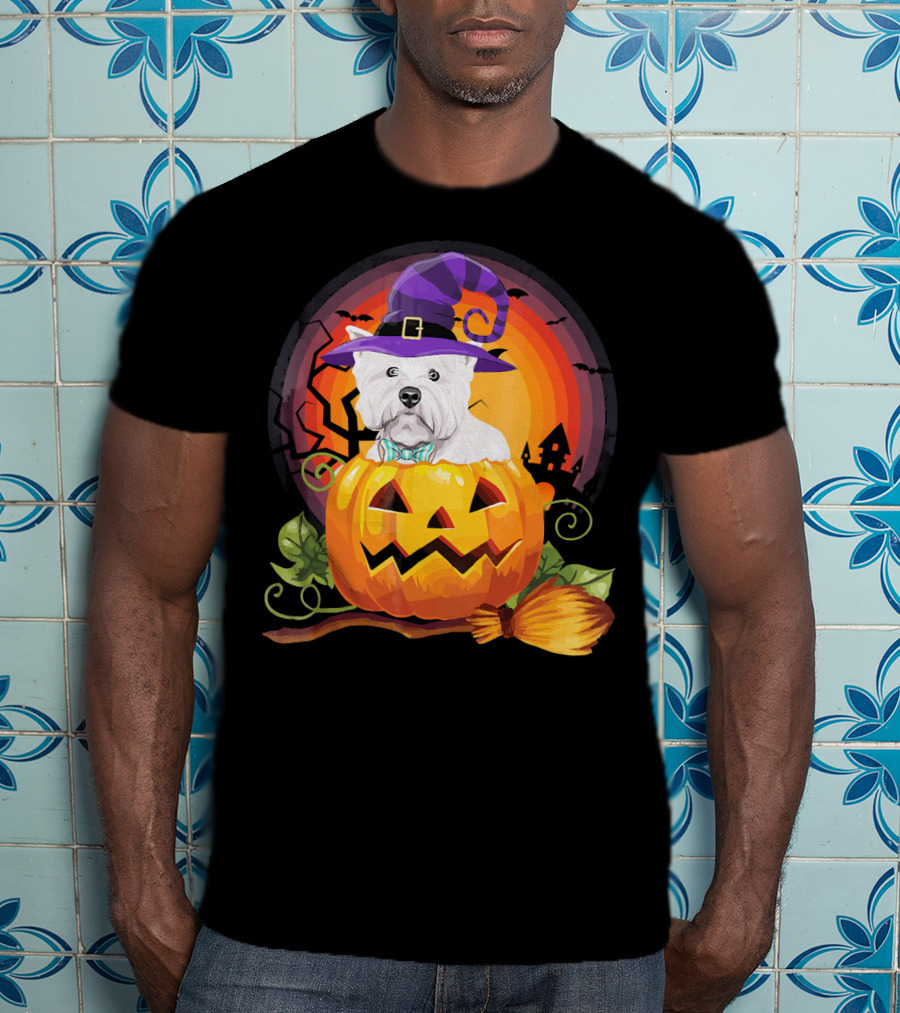 Westie Dog In Witch Hat With Jack-O'-Lantern For Halloween T-Shirt