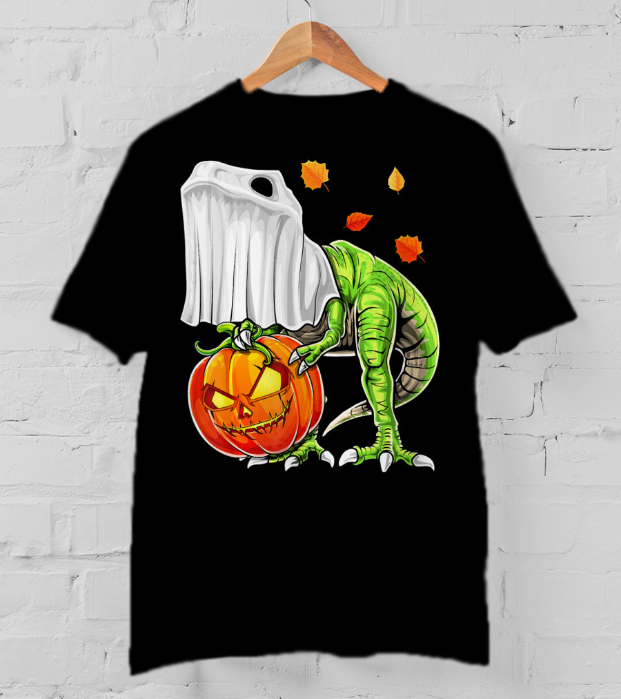 Halloween Dinosaur Ghost Pumpkin Jack Leaves T-Shirt