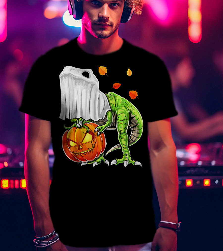 Halloween Dinosaur Ghost Pumpkin Jack Leaves T-Shirt