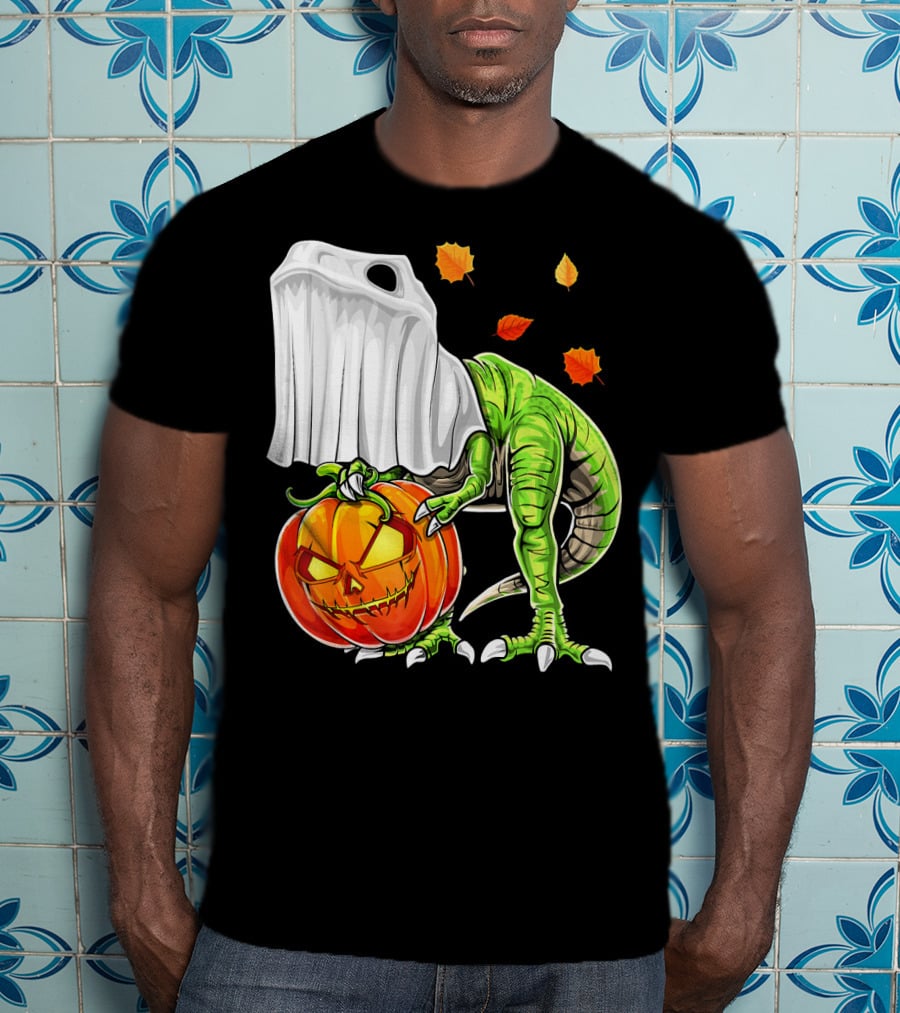 Halloween Dinosaur Ghost Pumpkin Jack Leaves T-Shirt