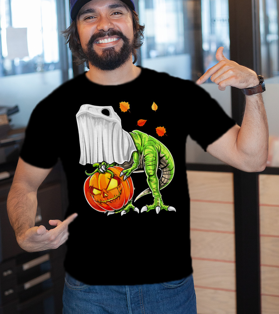 Halloween Dinosaur Ghost Pumpkin Jack Leaves T-Shirt