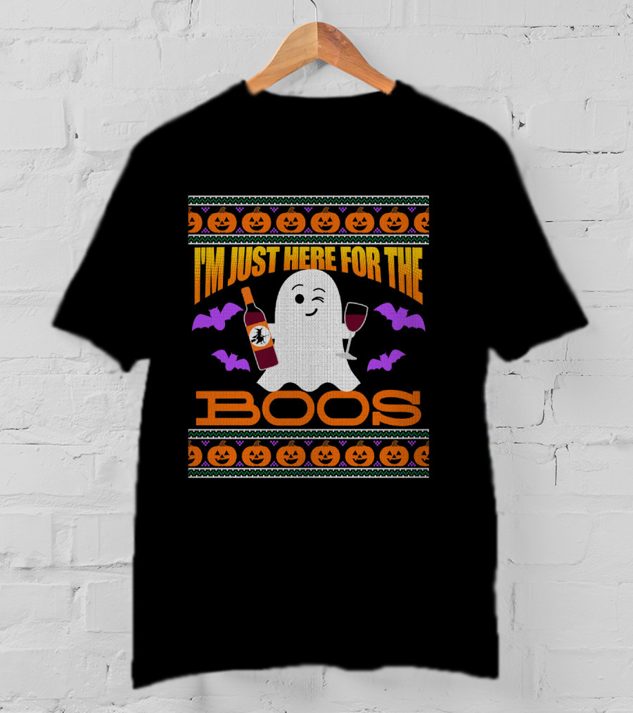 I'm Just Here For The Boos Ugly Halloween Wine Ghost Pumpkins Bats T-Shirt
