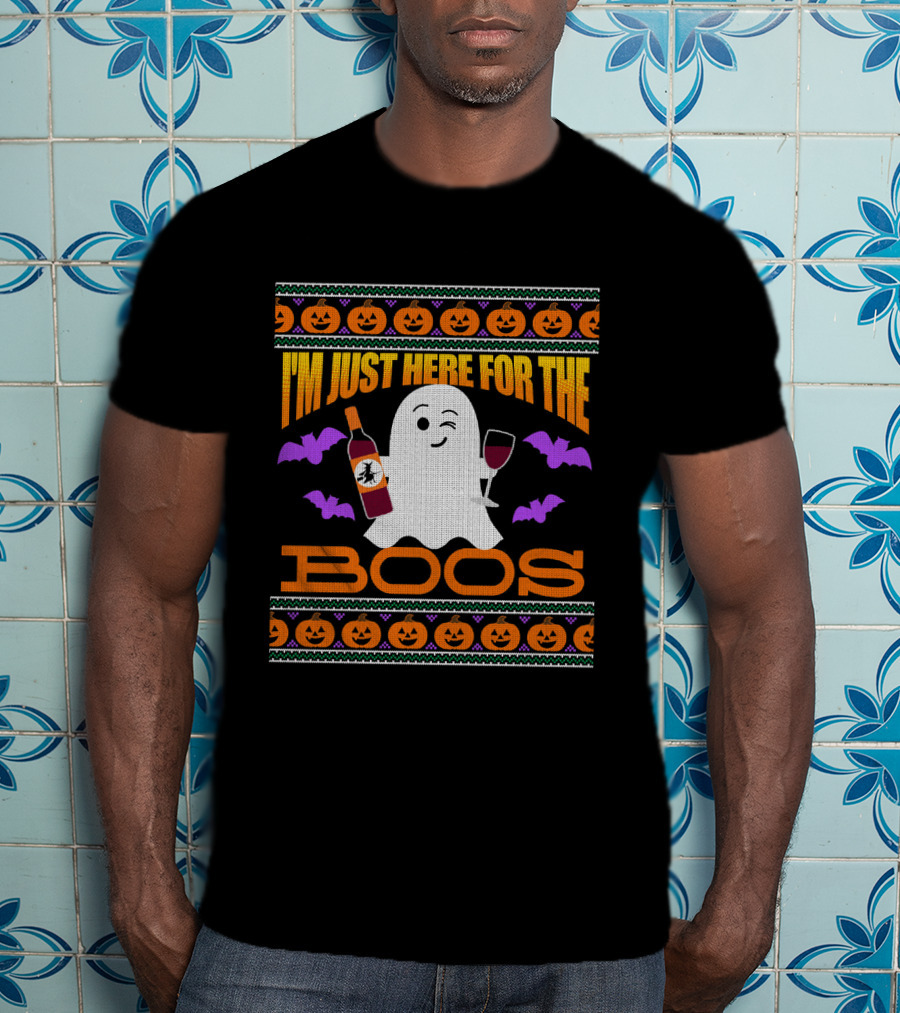 I'm Just Here For The Boos Ugly Halloween Wine Ghost Pumpkins Bats T-Shirt