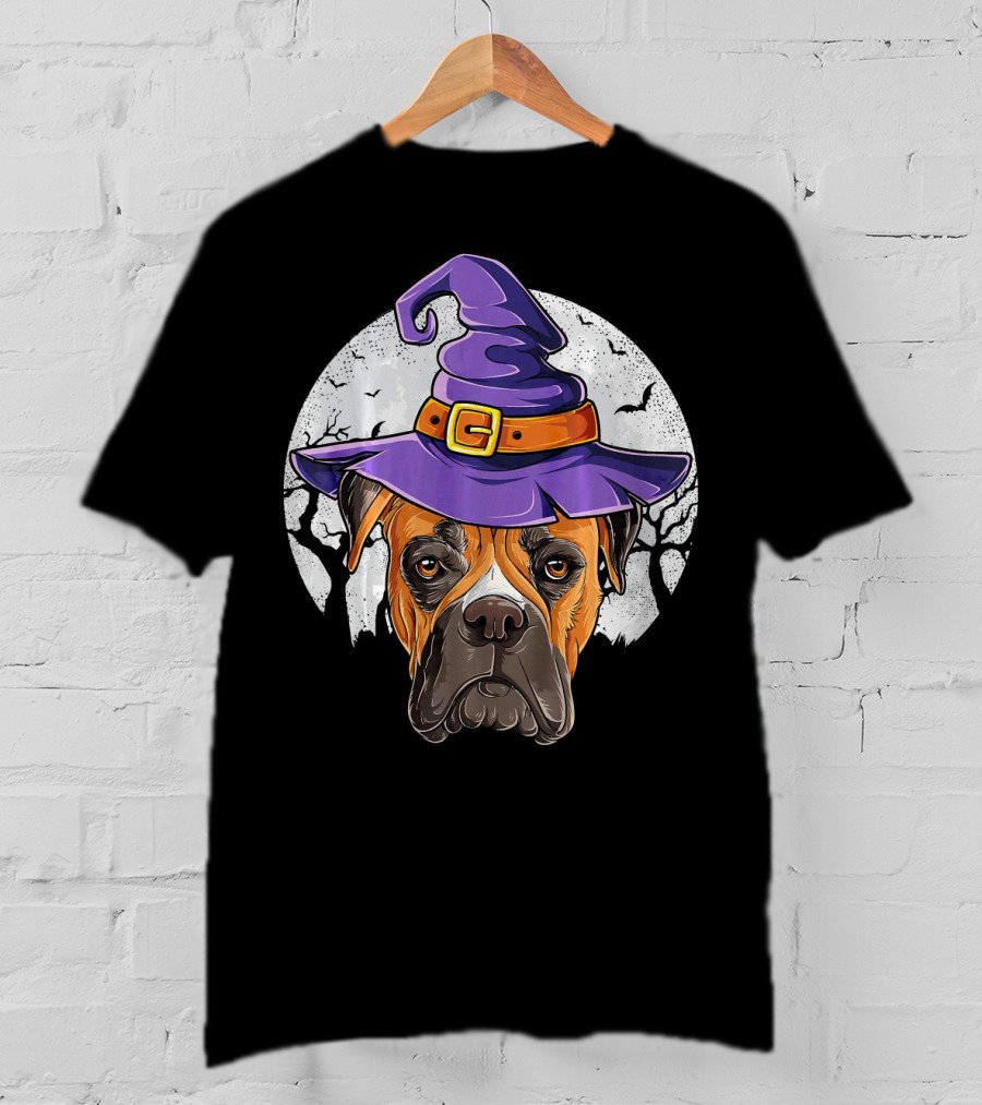 Boxer Dog Wearing Purple Witch Hat Under Full Moon With Bats Halloween T-Shirt