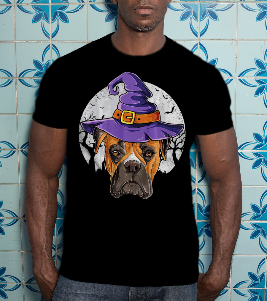Boxer Dog Wearing Purple Witch Hat Under Full Moon With Bats Halloween T-Shirt