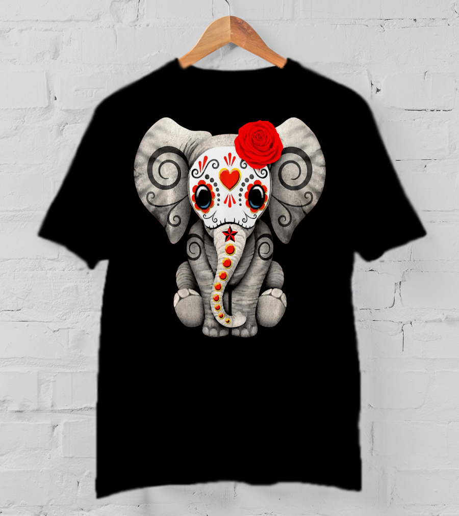 Sugar Skull Elephant With Red Rose Day Of The Dead T-Shirt