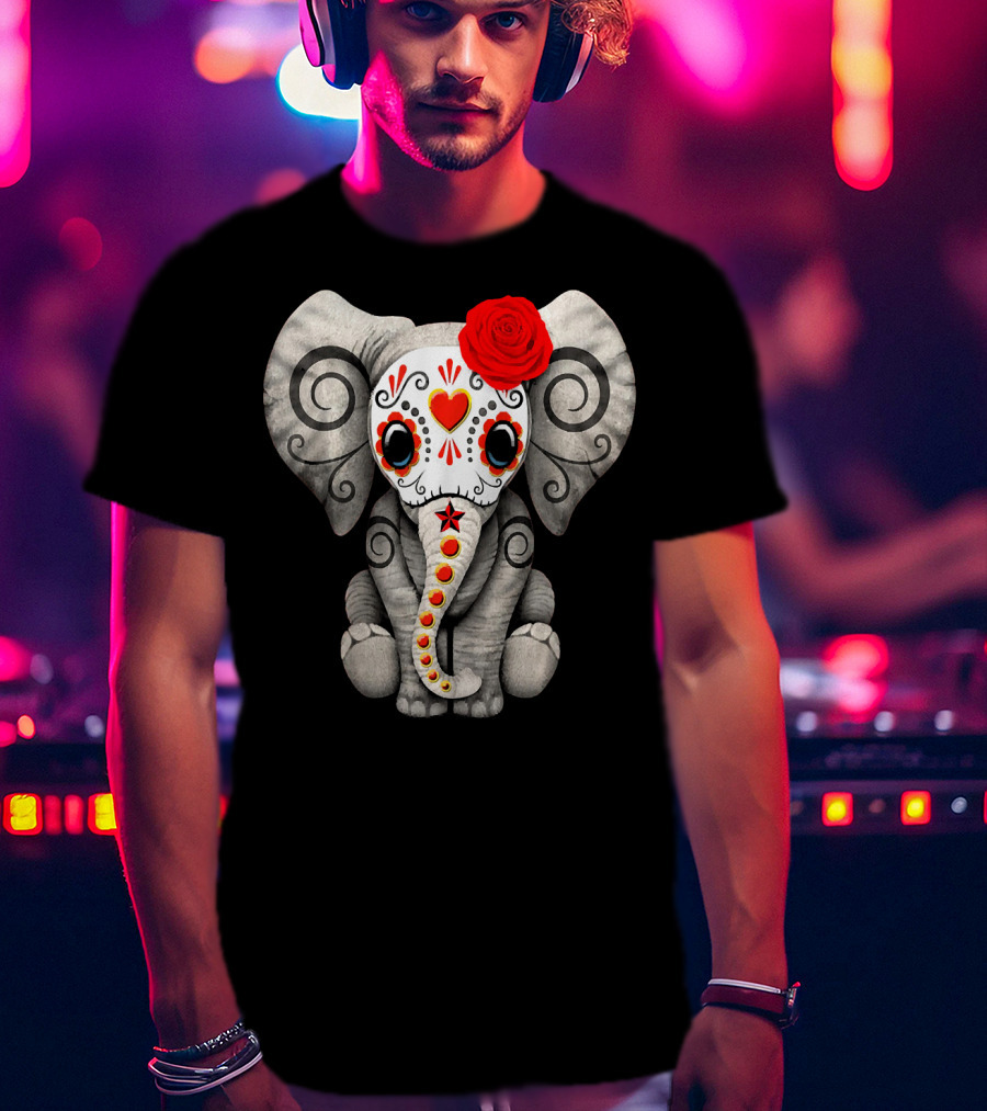 Sugar Skull Elephant With Red Rose Day Of The Dead T-Shirt