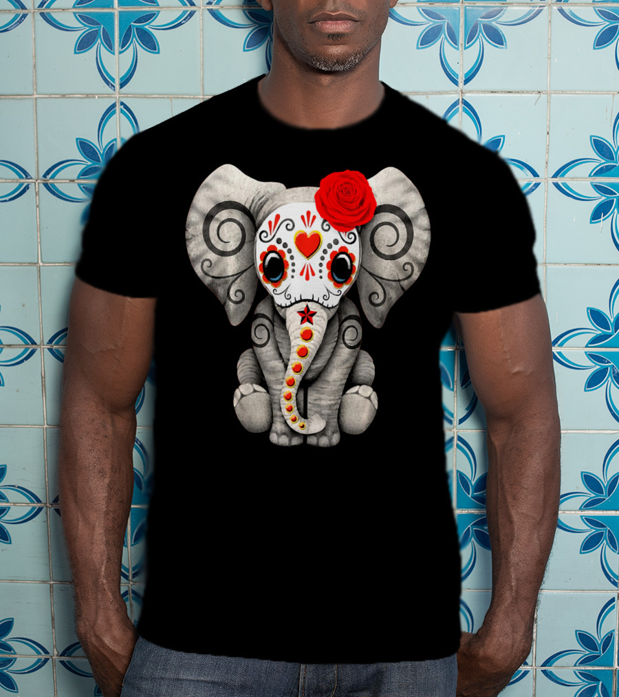 Sugar Skull Elephant With Red Rose Day Of The Dead T-Shirt