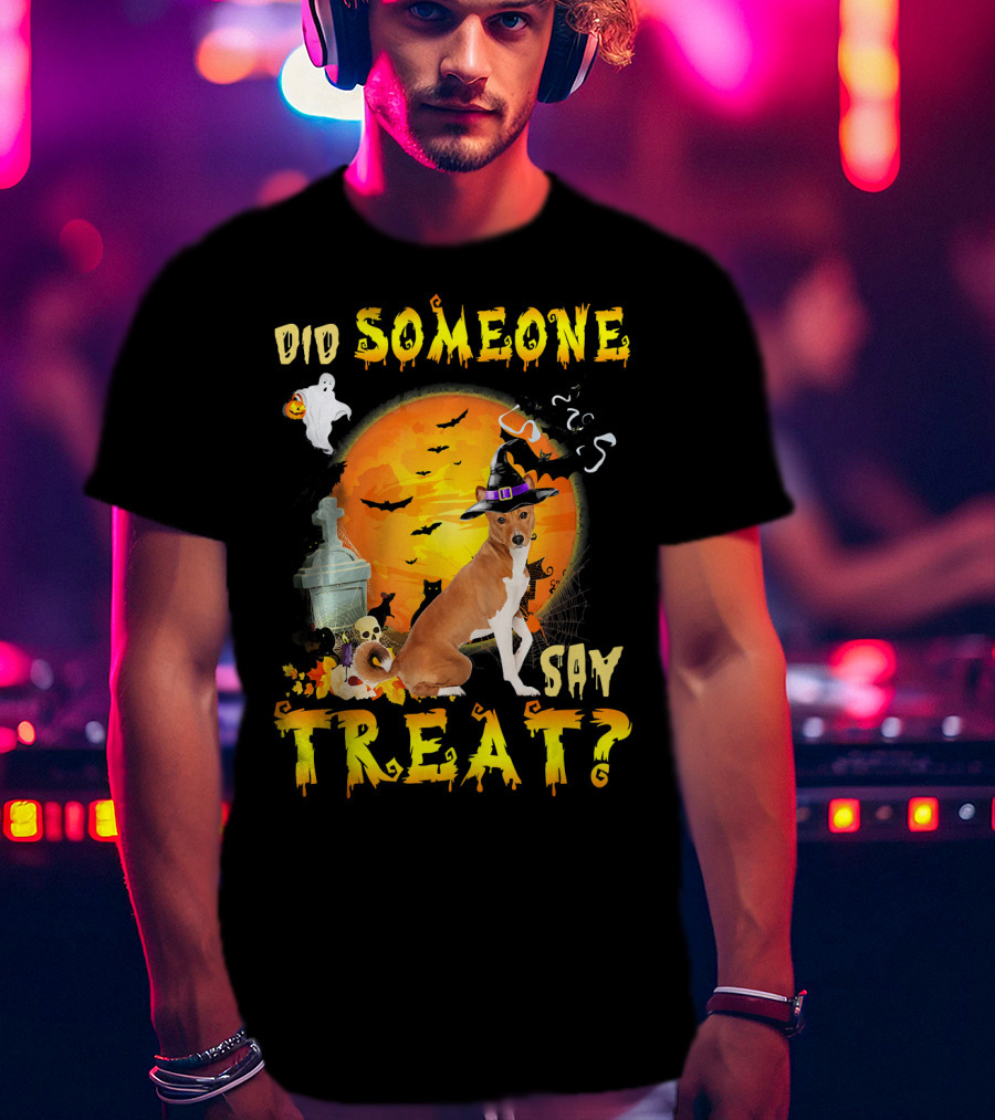 Did Someone Say Treat Basenji Halloween Moon Ghost Bats Witch Hat T-Shirt