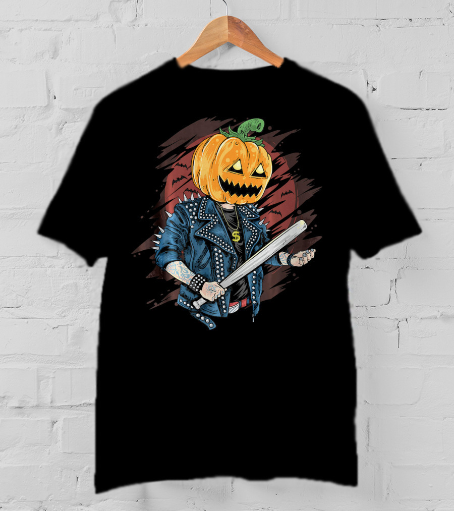 Punk Rocker Metalhead Pumpkin With Spiked Jacket And Baseball Bat T-Shirt