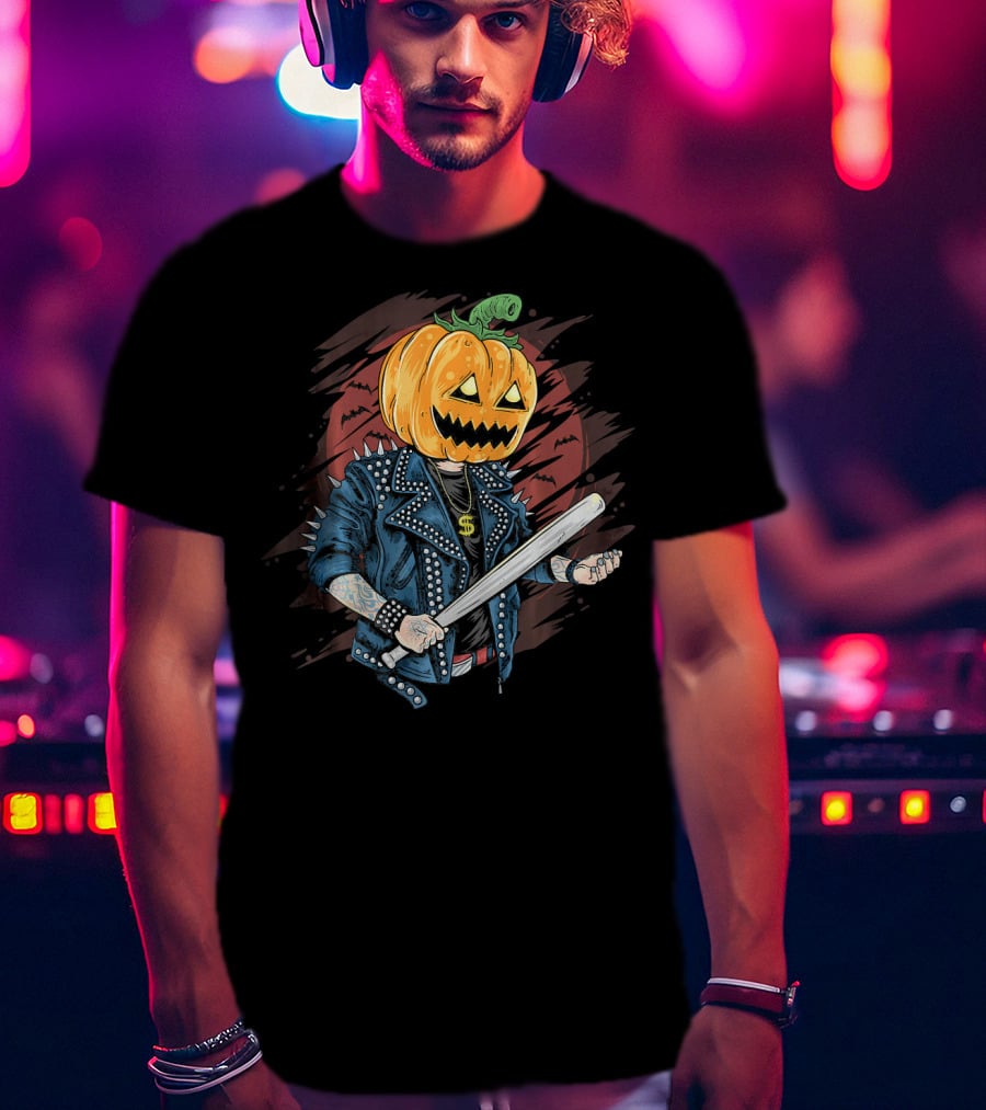 Punk Rocker Metalhead Pumpkin With Spiked Jacket And Baseball Bat T-Shirt