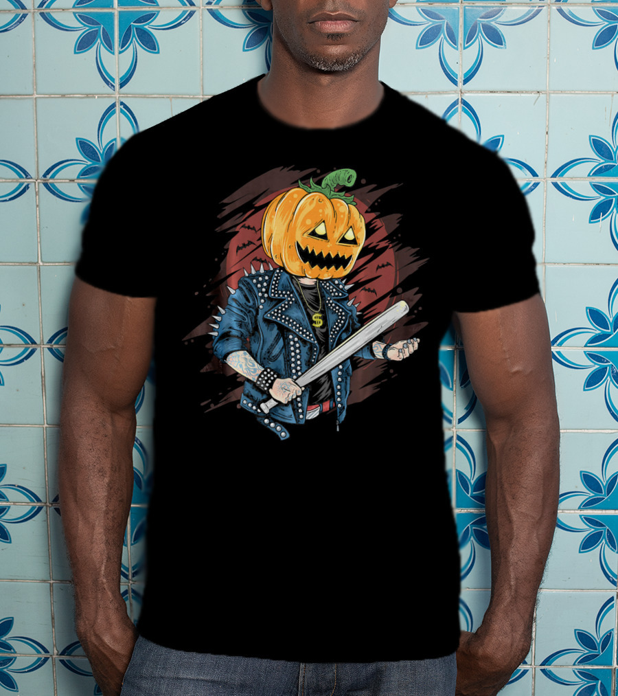 Punk Rocker Metalhead Pumpkin With Spiked Jacket And Baseball Bat T-Shirt