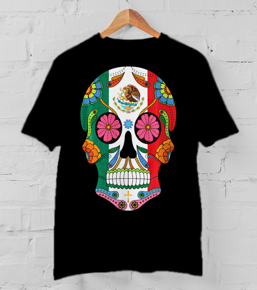 Mexican Flag Sugar Skull Eagle Floral Motif T-Shirt