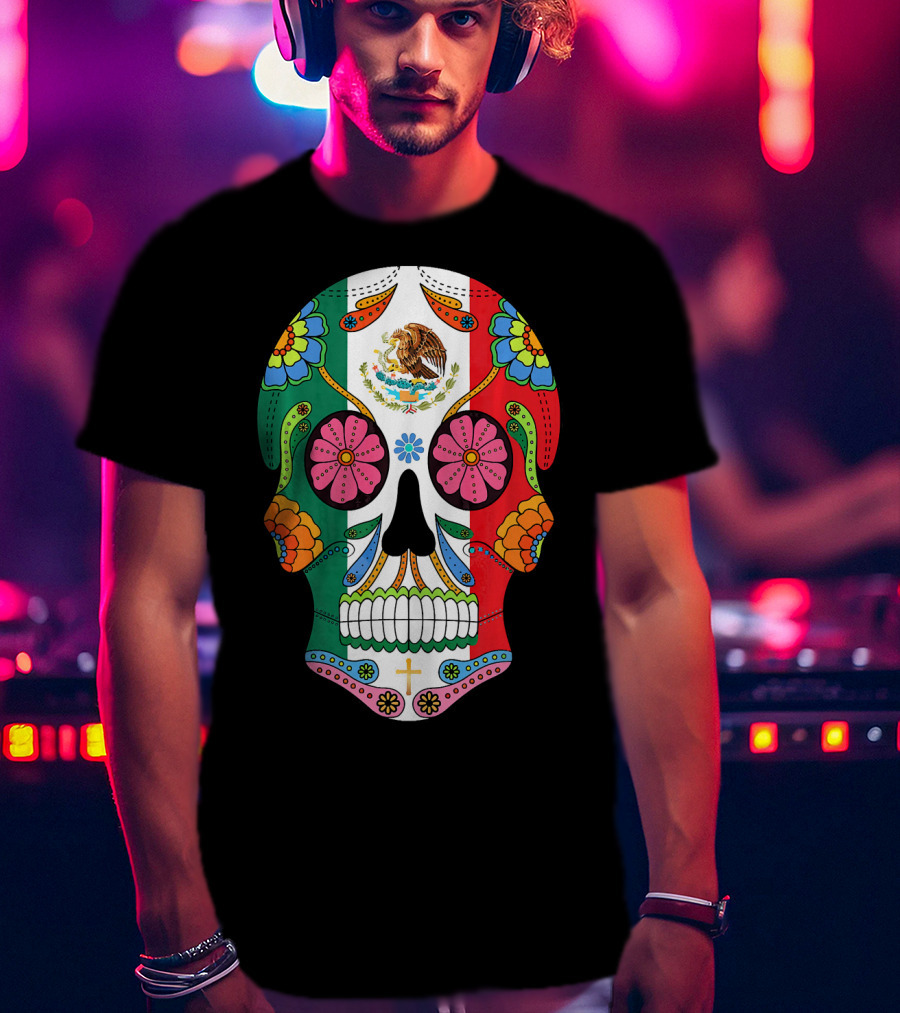 Mexican Flag Sugar Skull Eagle Floral Motif T-Shirt