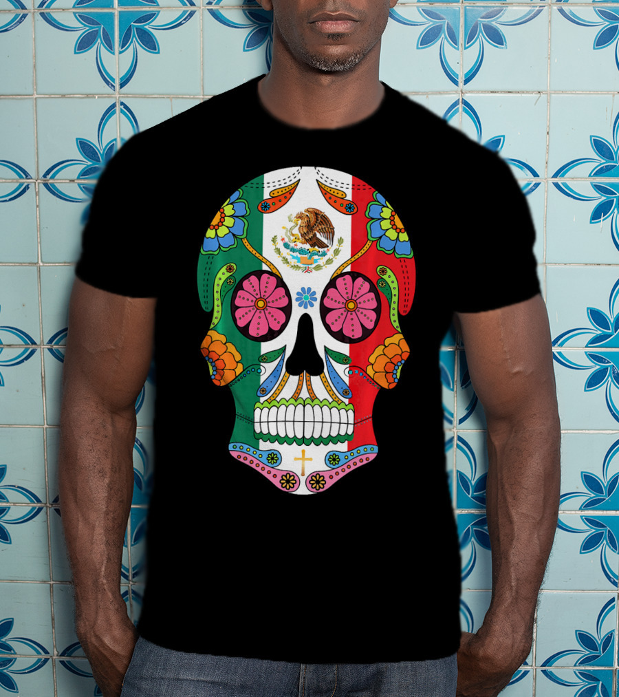 Mexican Flag Sugar Skull Eagle Floral Motif T-Shirt