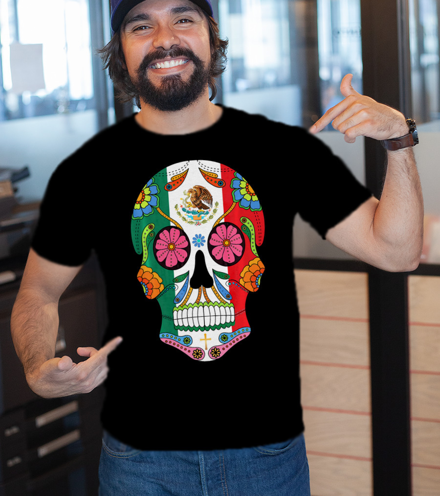 Mexican Flag Sugar Skull Eagle Floral Motif T-Shirt