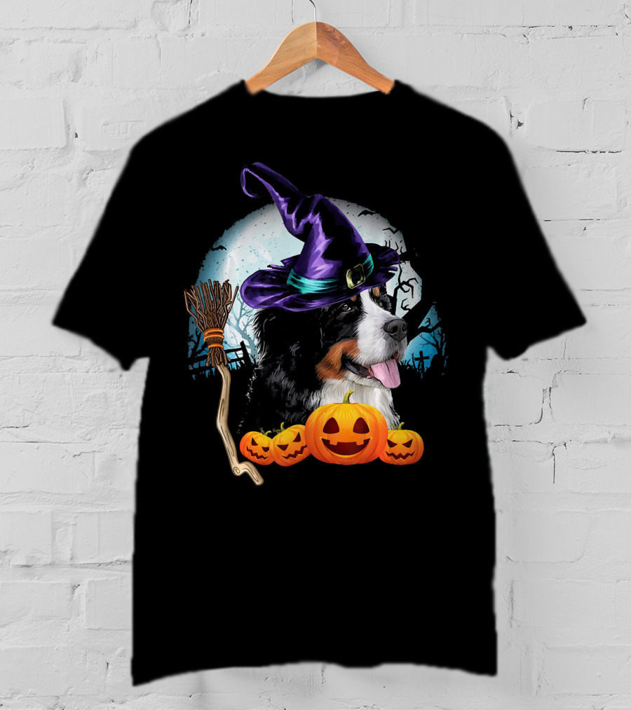Bernese Mountain Dog In Witch Hat With Pumpkins And Broomstick Halloween Scene T-Shirt