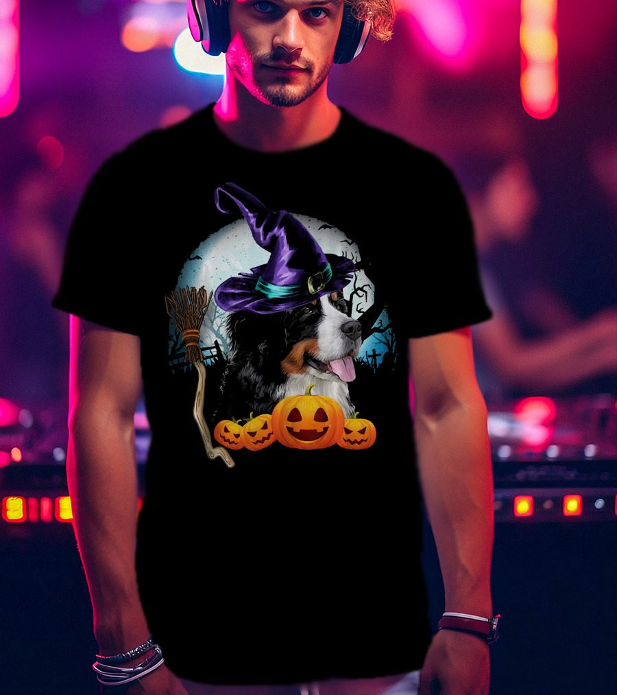 Bernese Mountain Dog In Witch Hat With Pumpkins And Broomstick Halloween Scene T-Shirt