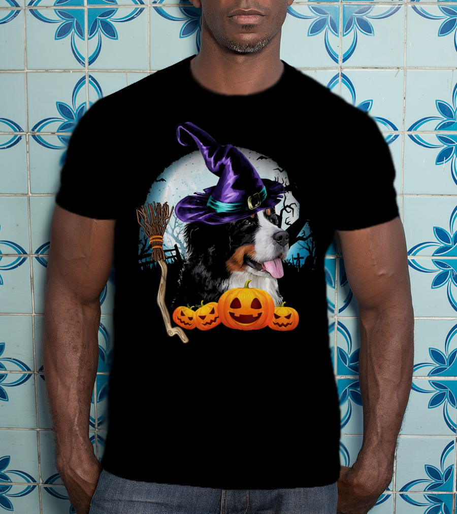 Bernese Mountain Dog In Witch Hat With Pumpkins And Broomstick Halloween Scene T-Shirt